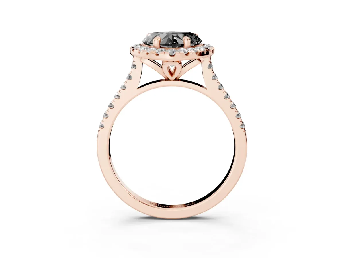 Fancy Black Heart Cut Diamond Cushion Halo Ring with Pavé Band Rose gold