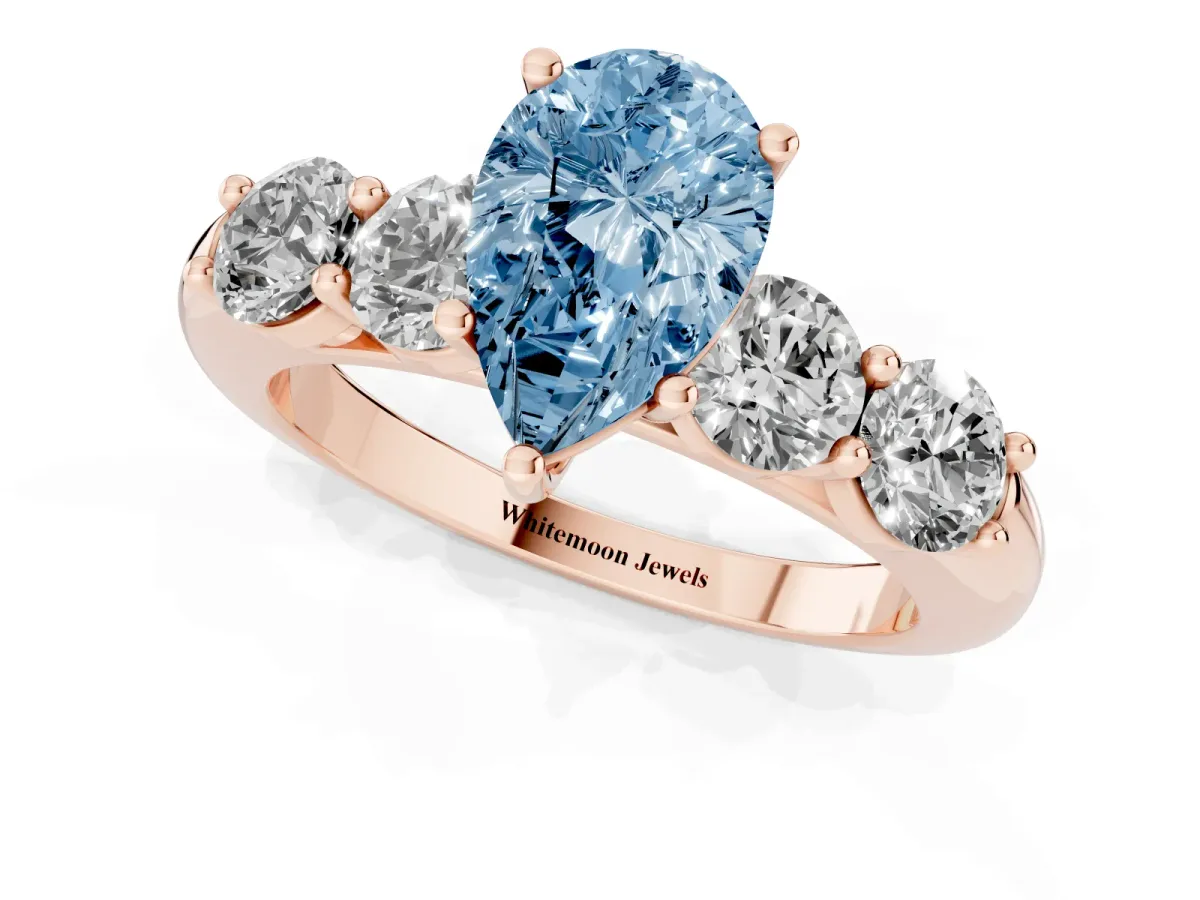 Fancy Blue Pear Cut Cut Five-Stone Prong Set Diamond Ring with Classic Band Rose gold