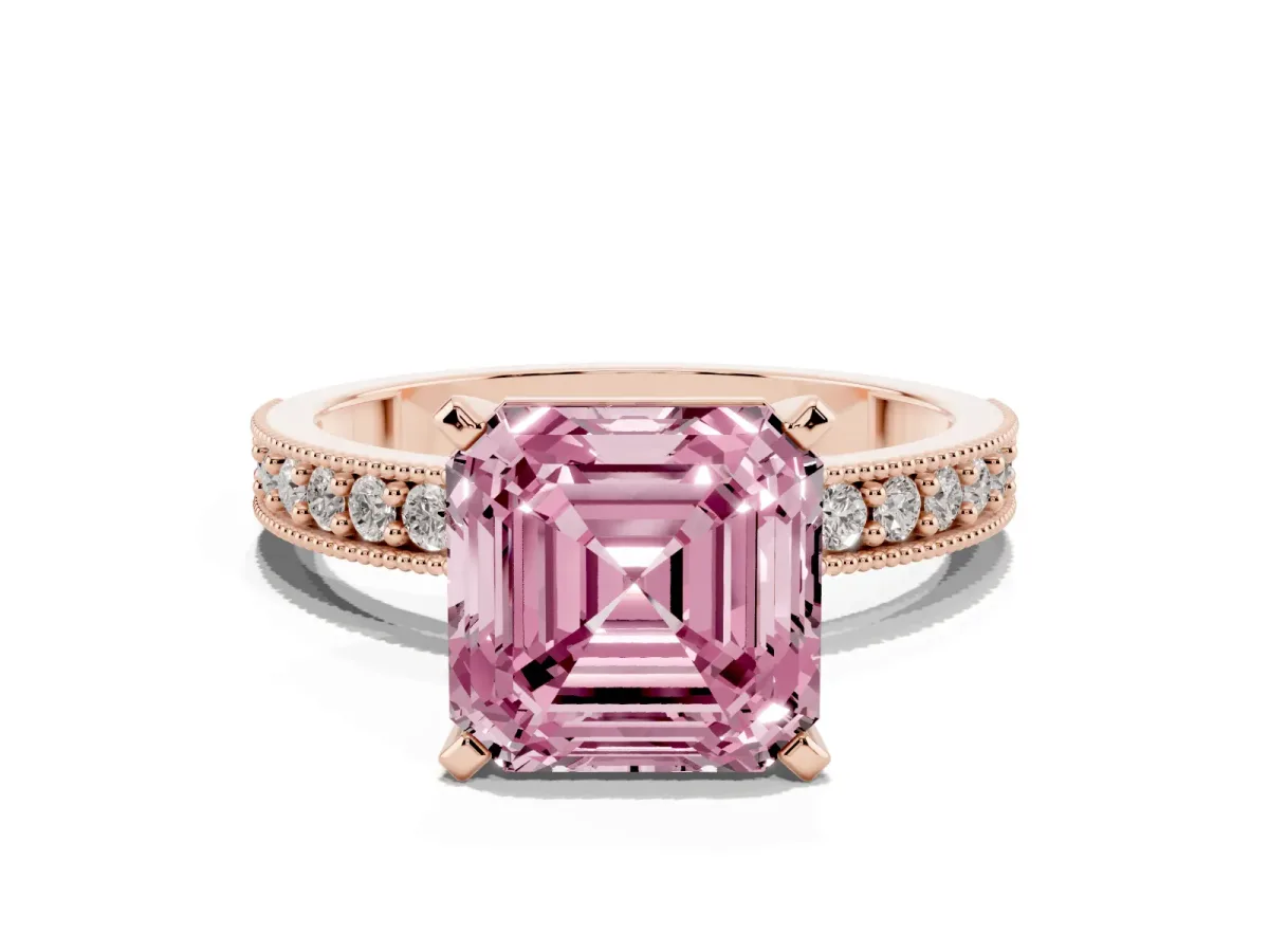 Fancy Pink Asscher Cut Diamond Milgrain Pavé Engagement Ring with Four-Prong Setting Rose gold