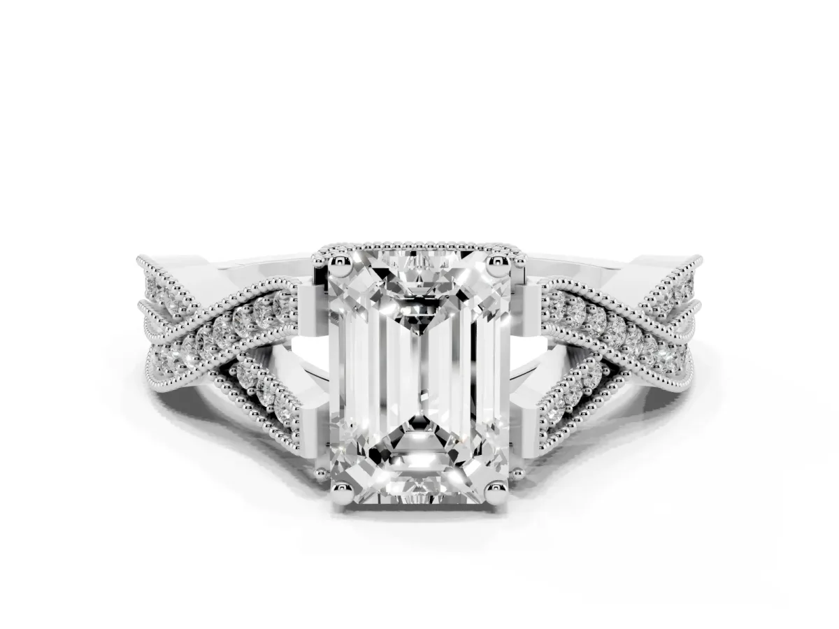 Emerald Cut Cut Diamond Twisted Band with Milgrain Pave Setting and Four-Prong Setting Silver