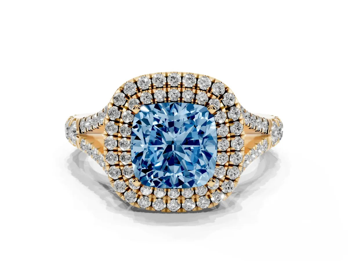 Fancy Blue Cushion Cut Diamond Pavé Split Shank Double Halo Engagement Ring Yellow gold