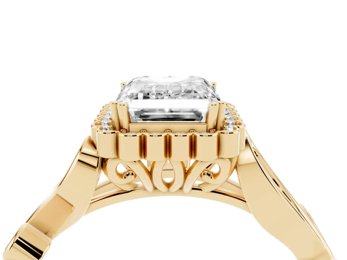 Emerald Cut Diamond Halo Ring with Vintage Split Shank and Four-Prong Setting Yellow gold
