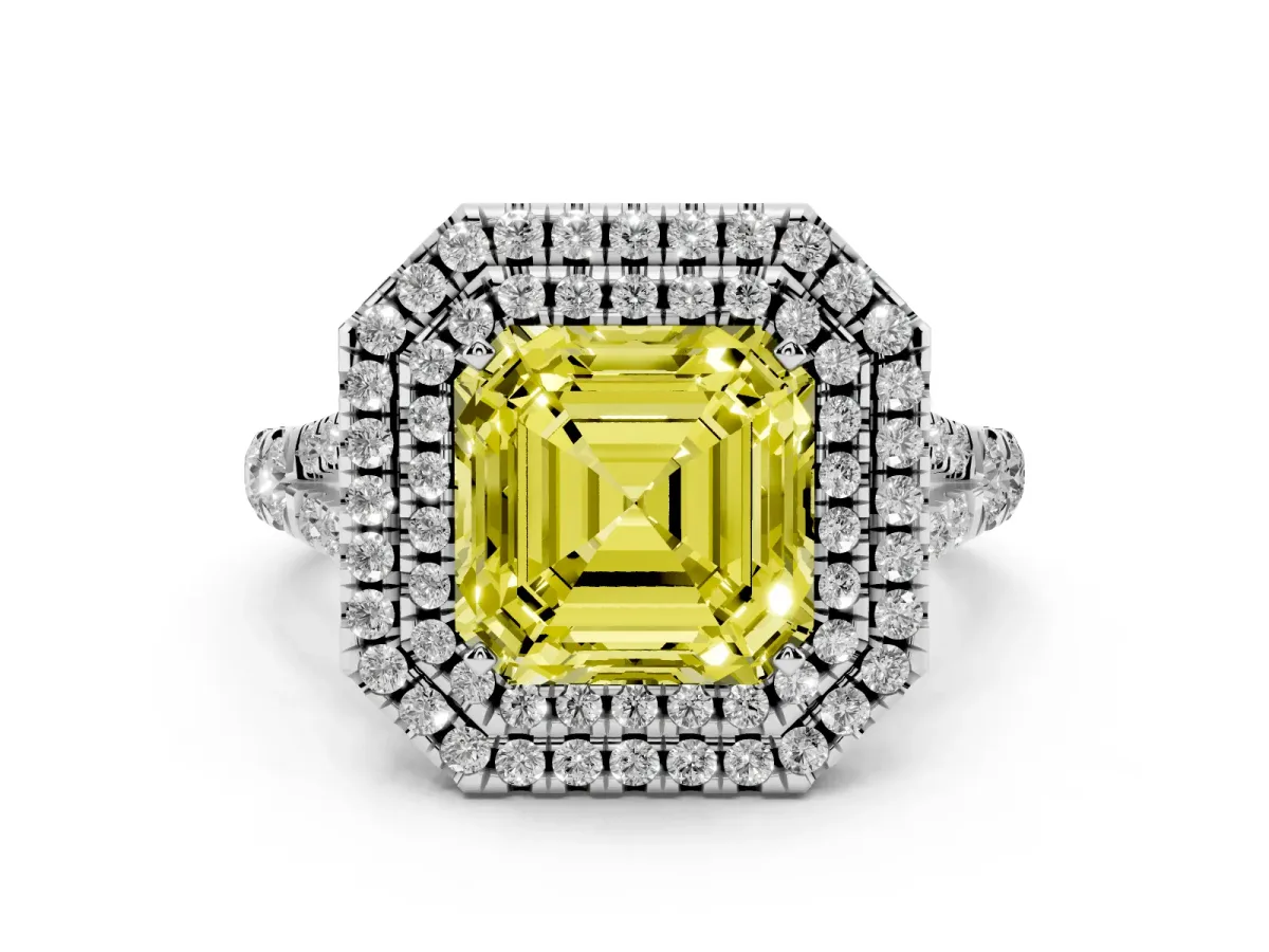 Fancy Yellow Asscher Cut Diamond Pavé Split Shank Double Halo Engagement Ring Platinum