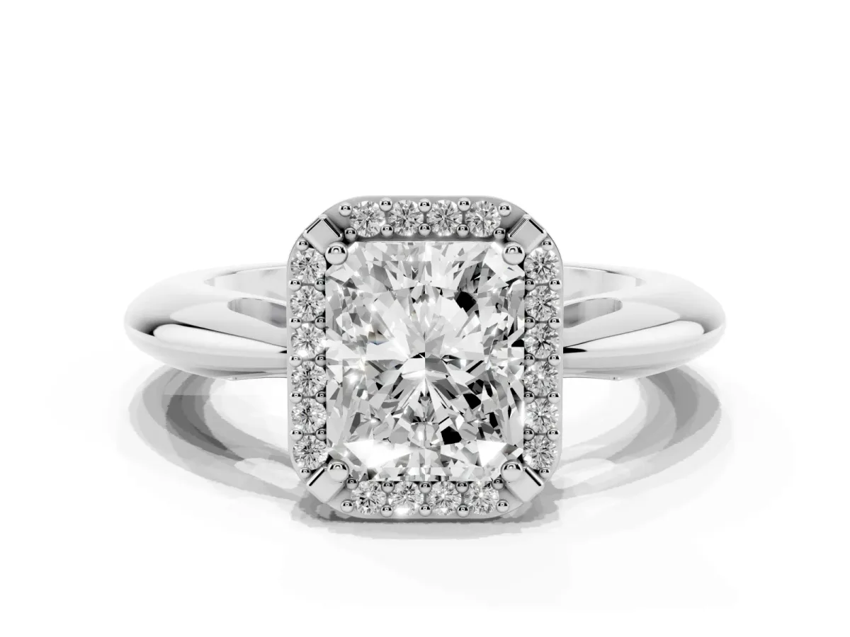 Radiant Cut Cut Diamond Halo Engagement Ring with Split Shank and Four-Prong Setting Silver