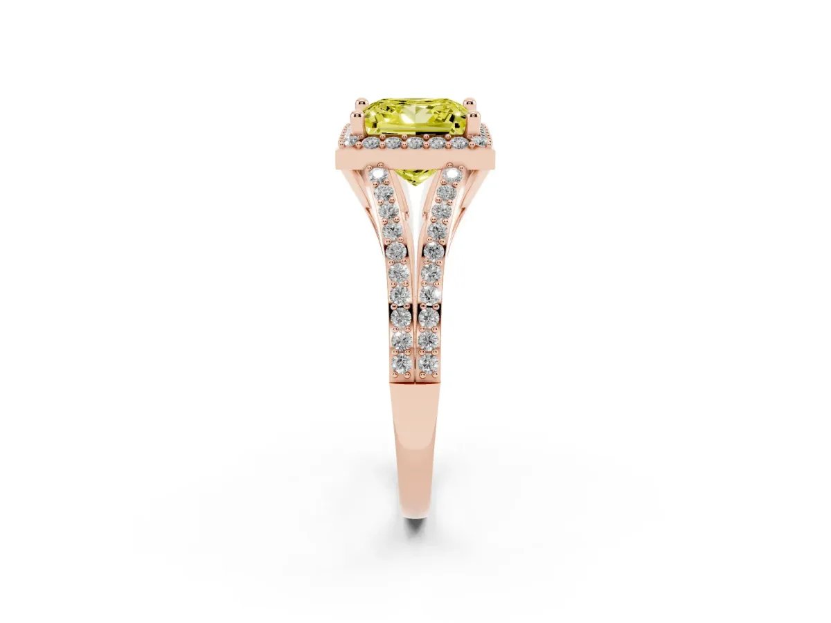 Fancy Yellow Princess Cut Halo Split Shank Pave Diamond Ring with Four-Prong Setting Rose gold