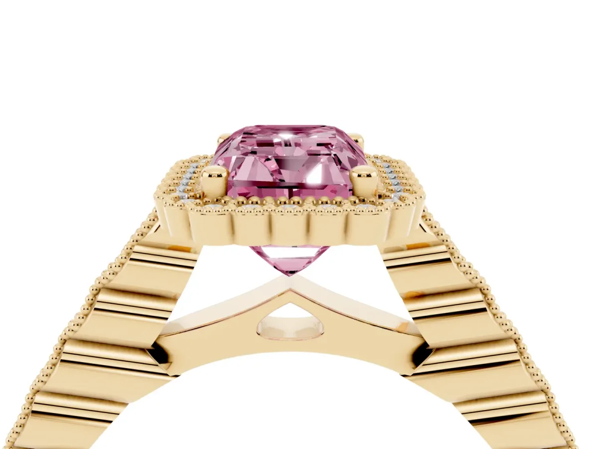 Fancy Pink Radiant Cut Cut Halo Pavé Solitaire Ring with Milgrain Band Yellow gold
