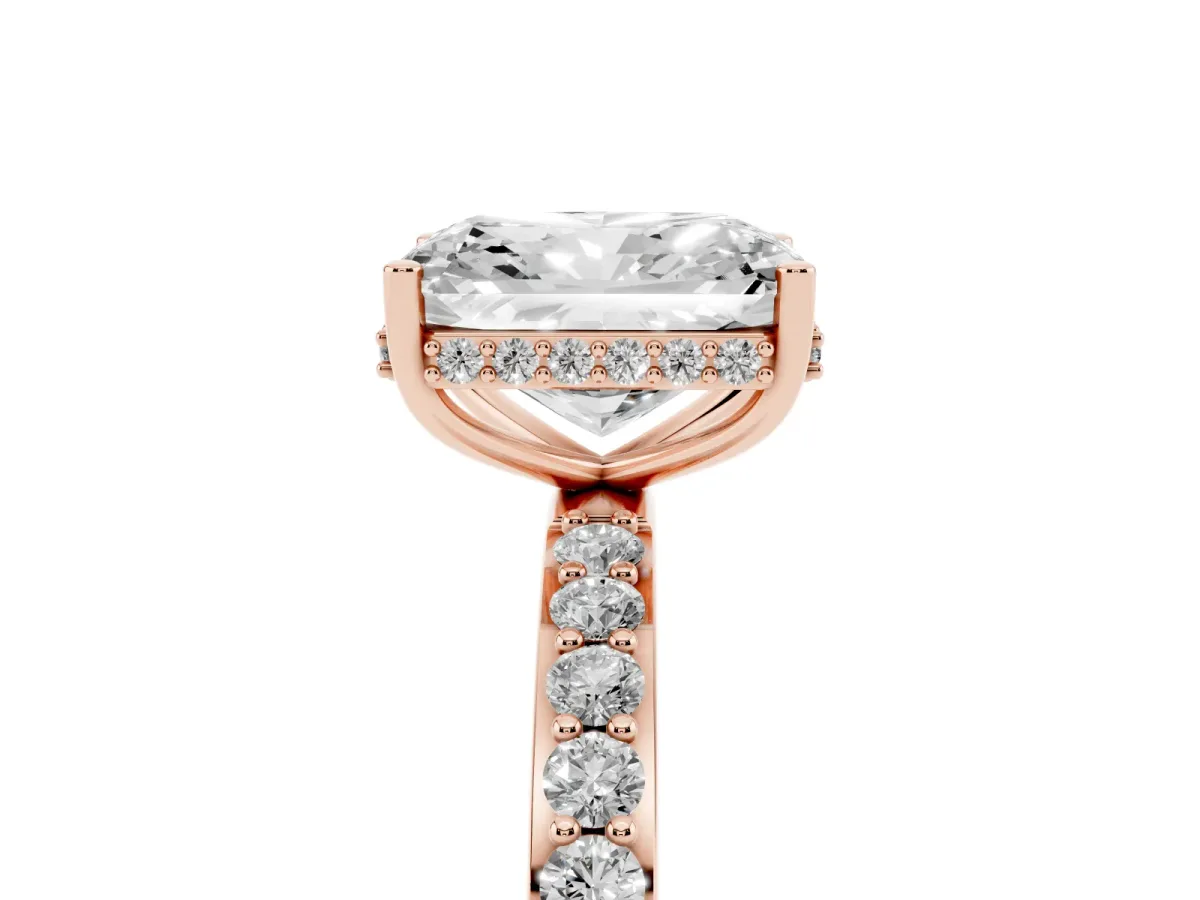 Radiant Cut Diamond Solitaire Ring with Pavé Band and Hidden Halo Rose gold