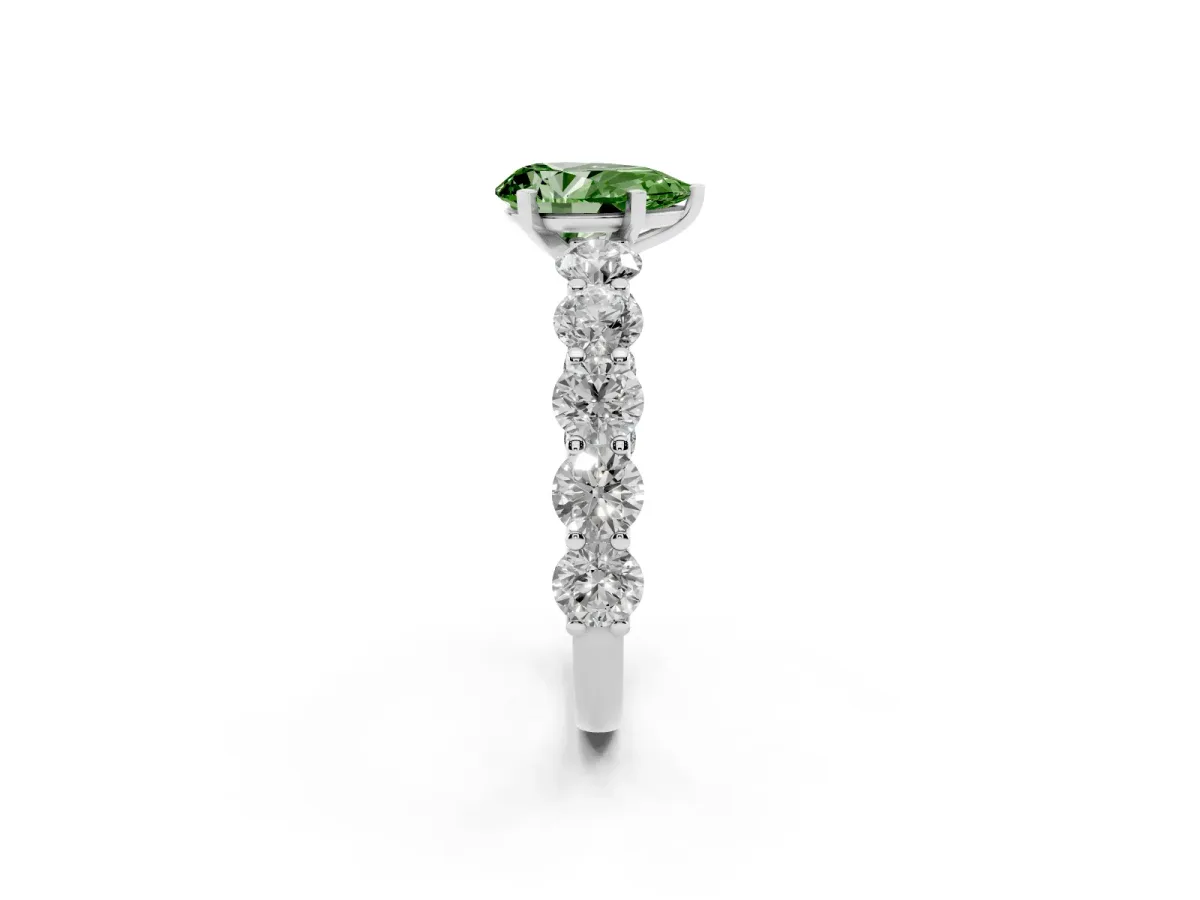 Fancy Green Pear Cut Diamond Prong Setting with Side Stones on a Pave Band Silver
