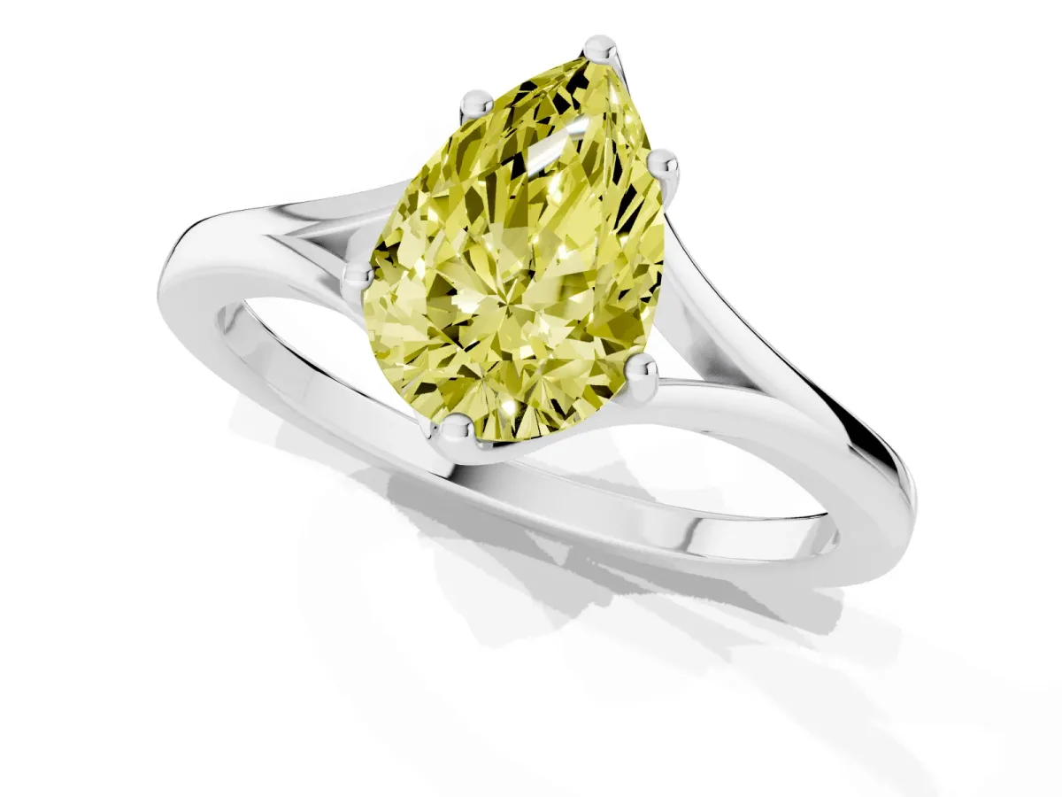 Fancy Yellow Pear Cut Solitaire Diamond Ring with Six-Prong Setting and Tapered Band White gold