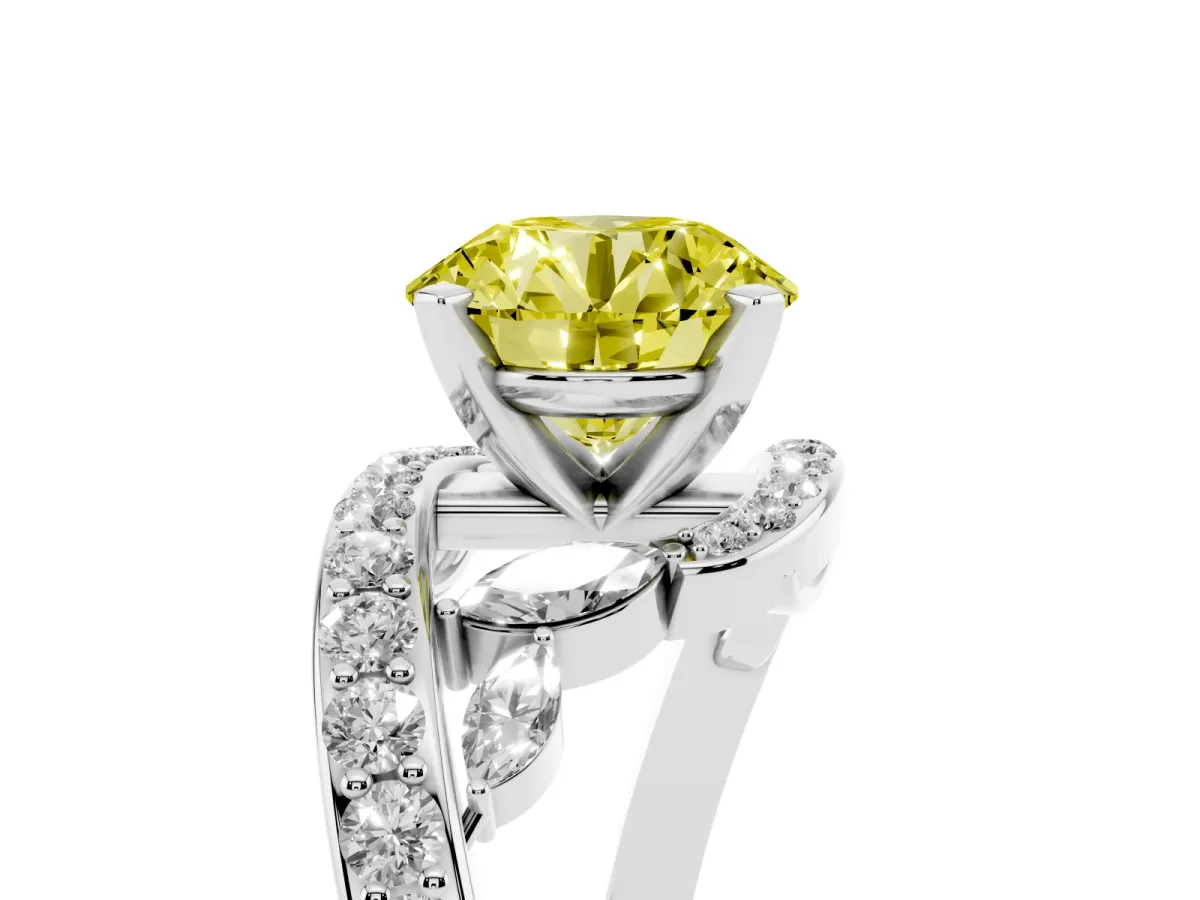 Fancy Yellow Round Cut Solitaire with Pavé Twist Band and Four-Prong Setting Silver