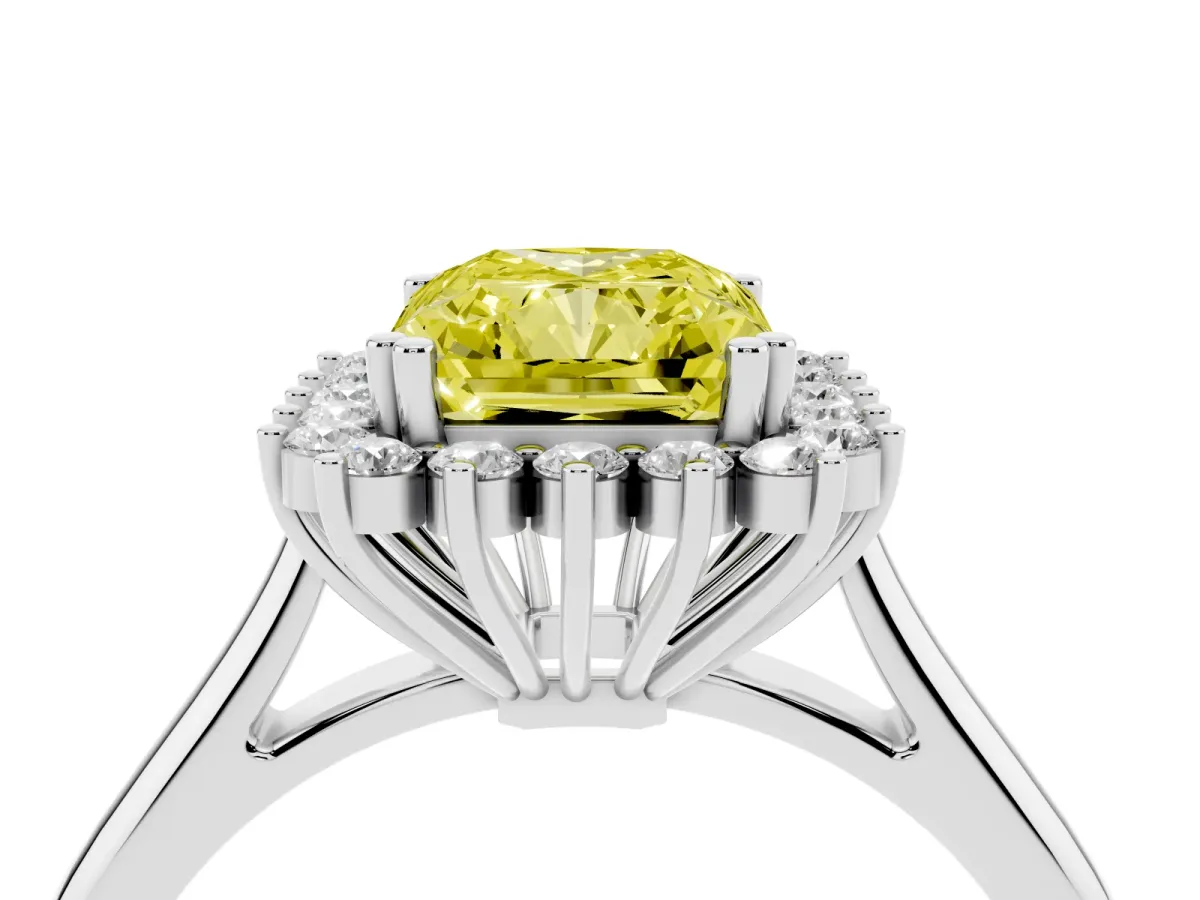 Fancy Yellow Radiant Cut Cut Diamond Halo Ring with Solitaire Band and Prong Setting White gold