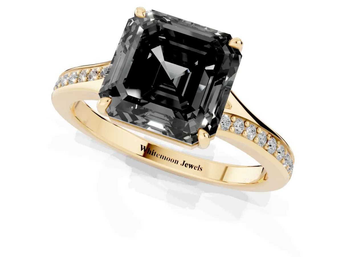 Fancy Black Asscher Cut Diamond Solitaire Ring with Pavé Band and Prong Setting Yellow gold