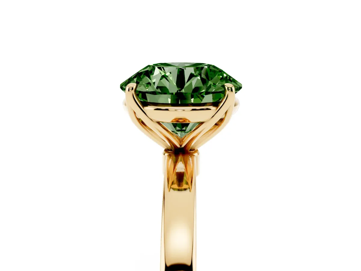 Fancy Green Round Cut Diamond Solitaire Ring with Thin Band and Prong Setting Yellow gold