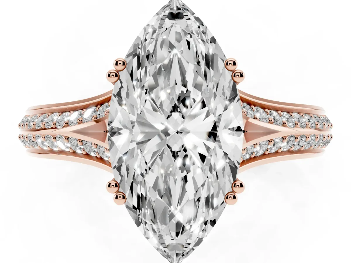 Marquise Cut Diamond Split Shank Engagement Ring with Pavé Band Rose gold