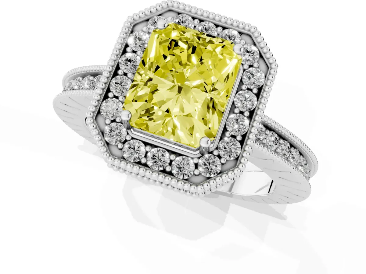 Fancy Yellow Radiant Cut Diamond Milgrain Halo Engagement Ring with Round Pavé Band and Prong Setting Silver