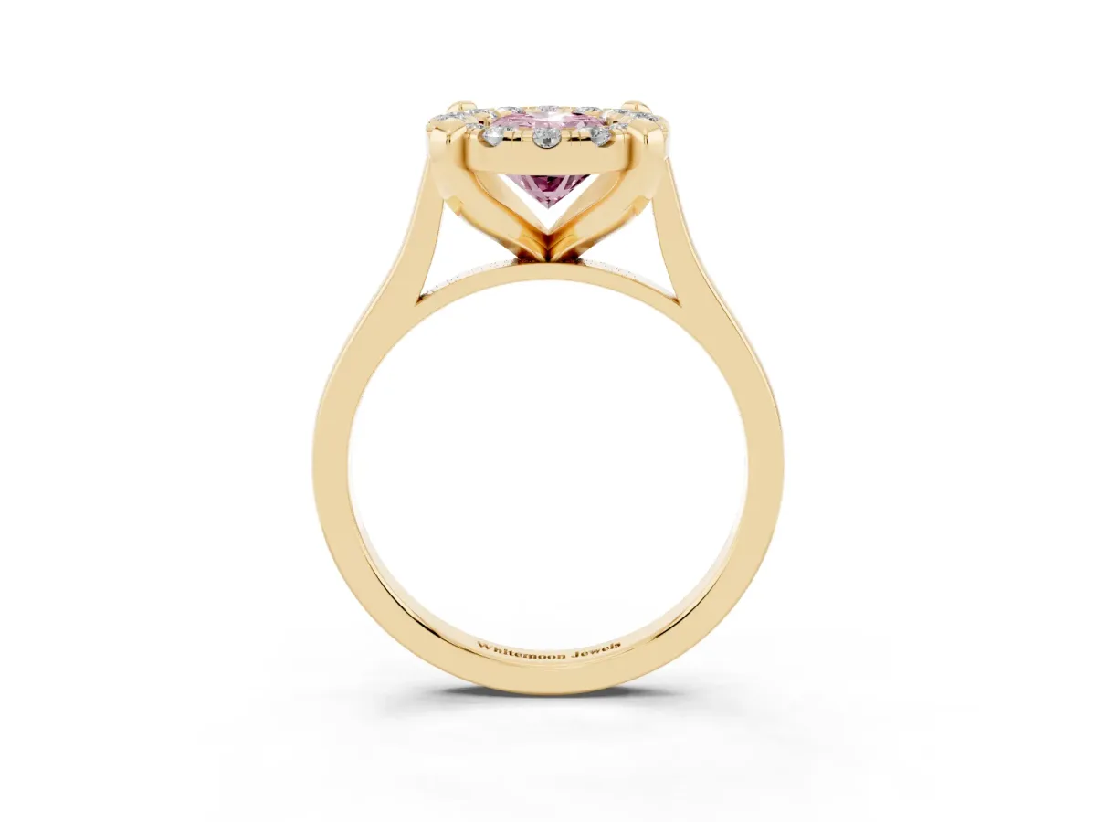 Fancy Pink Oval Cut Diamond Cluster Halo Solitaire with Four-Prong Setting Yellow gold
