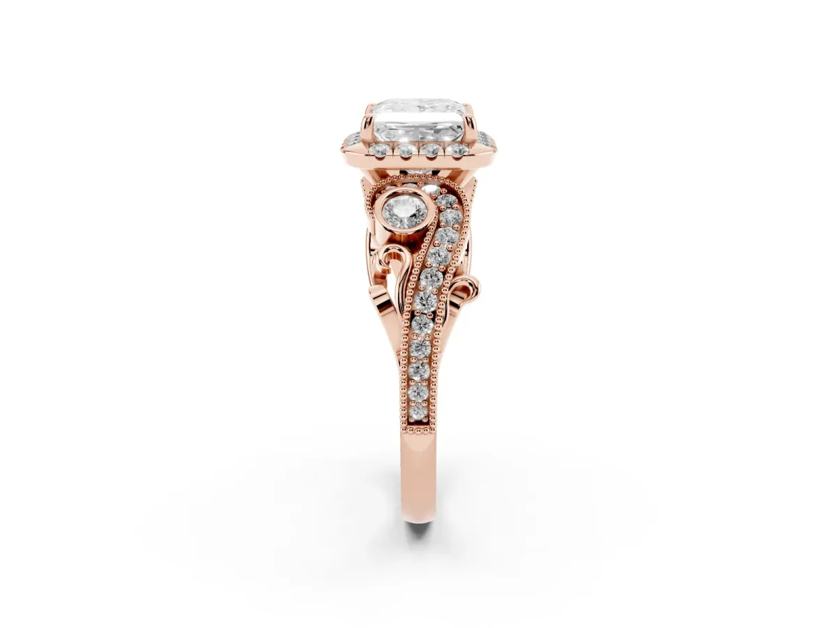 Princess Cut Diamond Halo Ring with Milgrain Pavé Band and Four-Prong Setting Rose gold