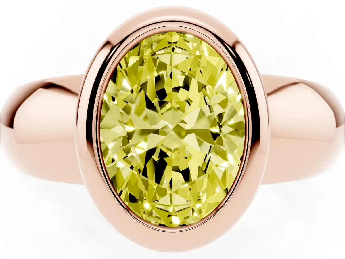Fancy Yellow Bezel Set Oval Cut Solitaire Ring with Wide Band Rose gold