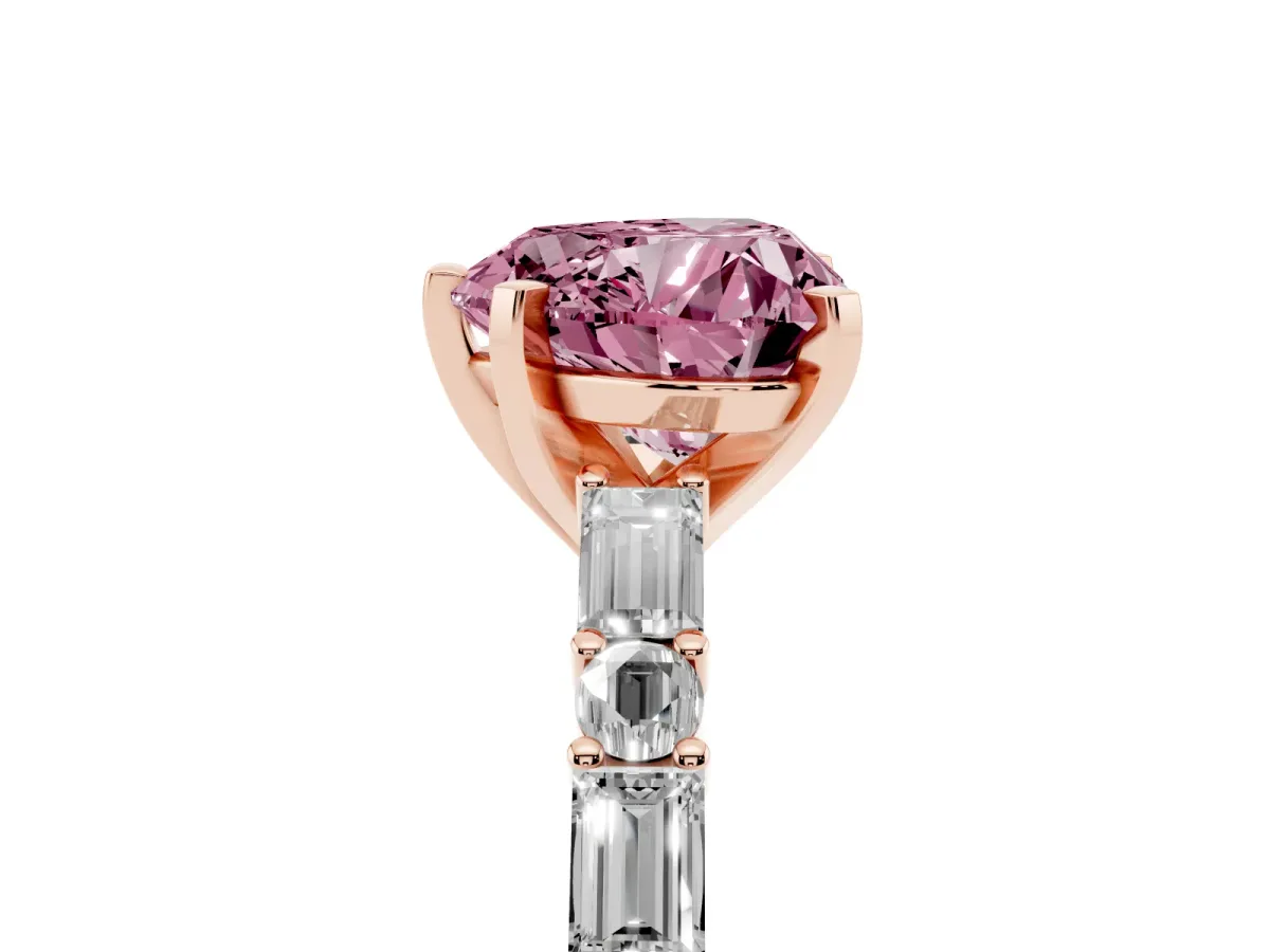 Fancy Pink Heart Cut Diamond Solitaire with Side Baguettes and Channel Set Band Rose gold