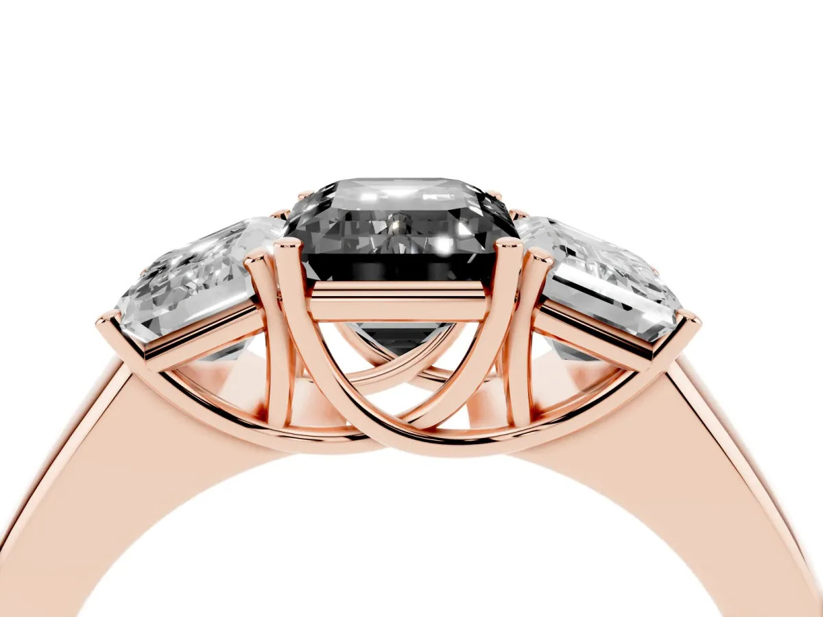 Fancy Black Three-Stone Emerald Cut Cut Diamond Ring with Prong Setting and Classic Band Rose gold