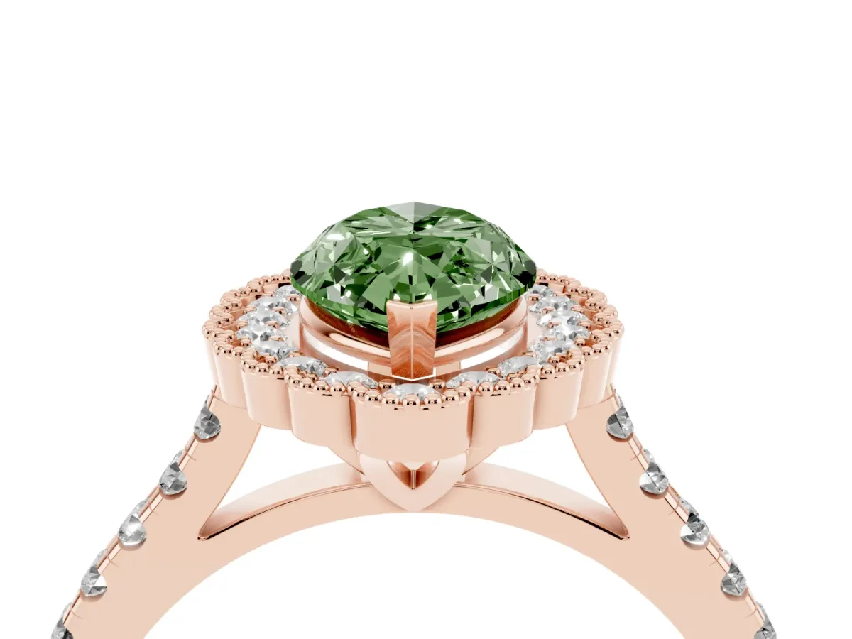 Fancy Green Marquise Cut Cut Diamond Milgrain Floral Halo Engagement Ring with Pavé Band Rose gold