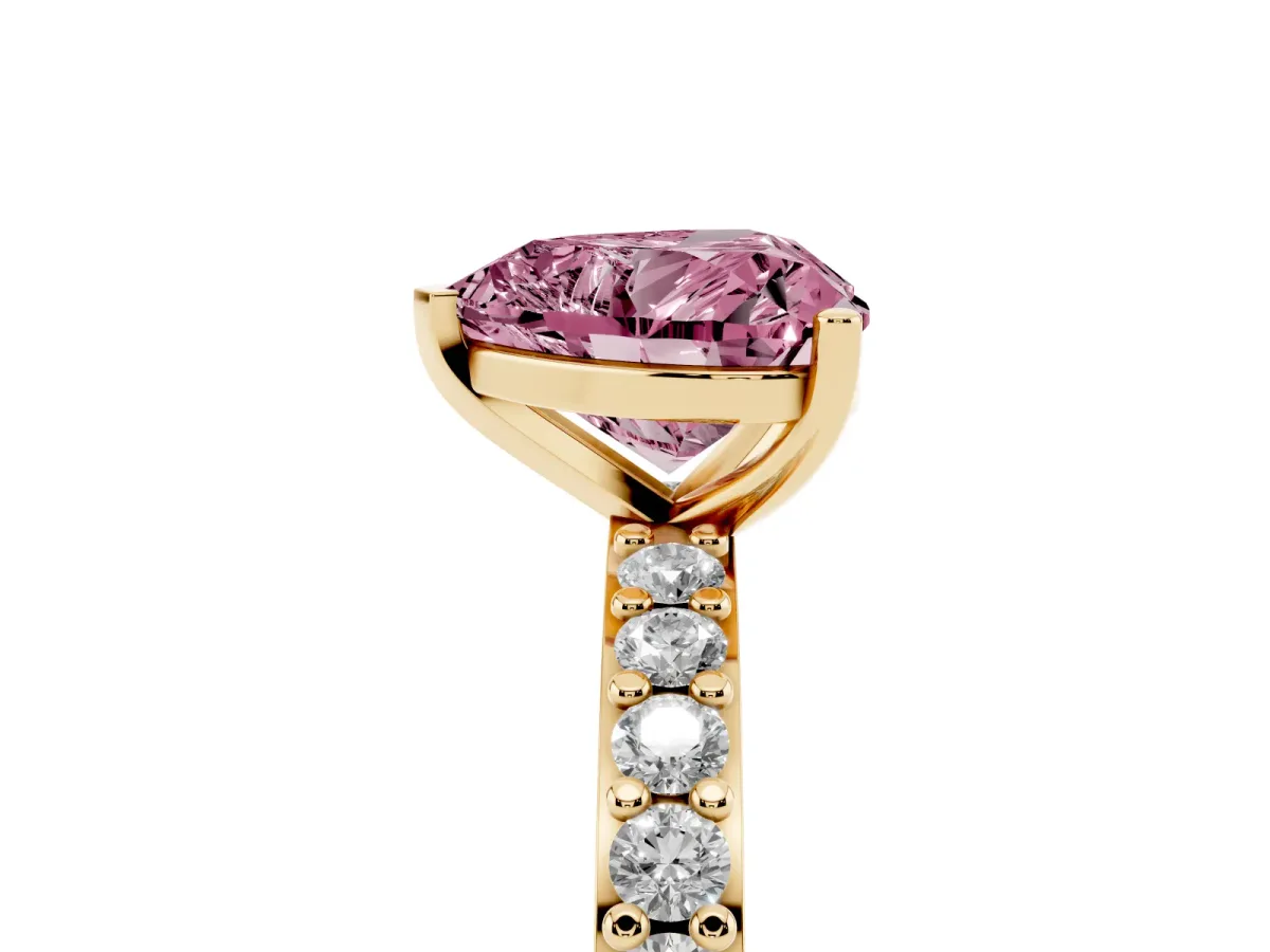 Fancy Pink Heart Cut Cut Diamond Solitaire with Pave Band and Four-Prong Setting Yellow gold