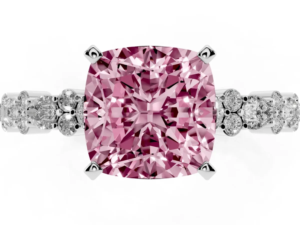 Fancy Pink Cushion Cut Diamond Side Stone Solitaire Ring with Round and Four-Prong Setting Silver