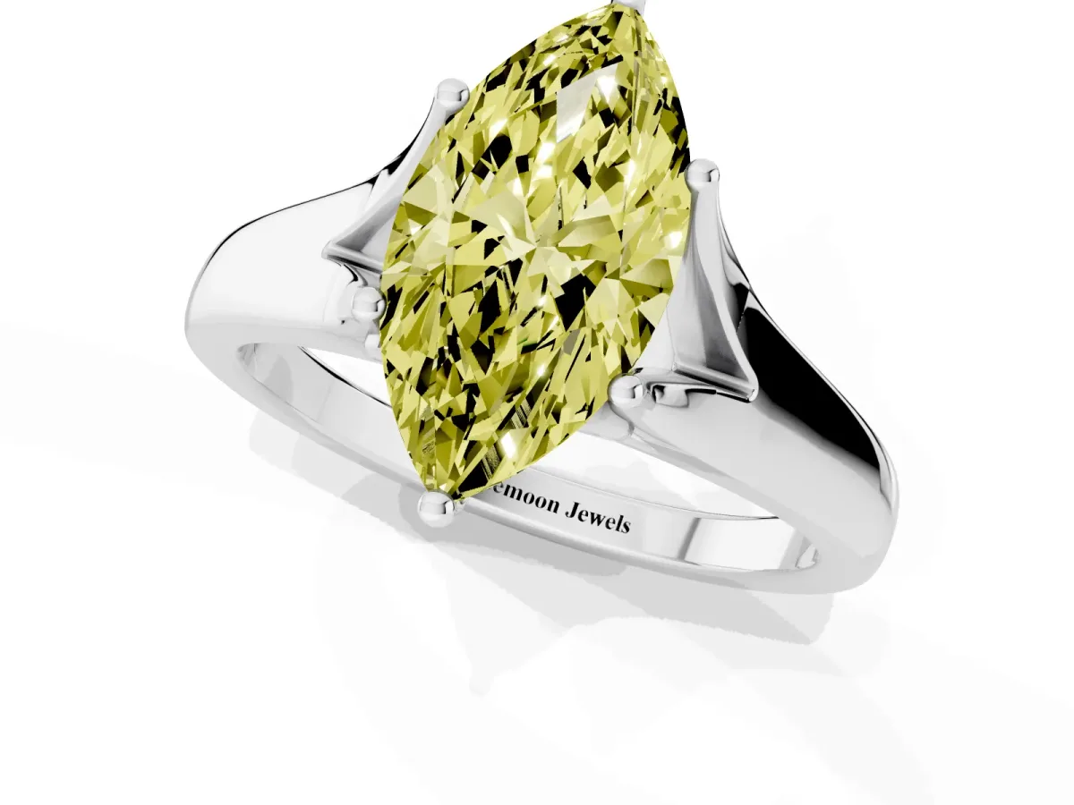 Fancy Yellow Marquise Cut Solitaire Diamond Ring with Cathedral Band and Four-Prong Setting Silver