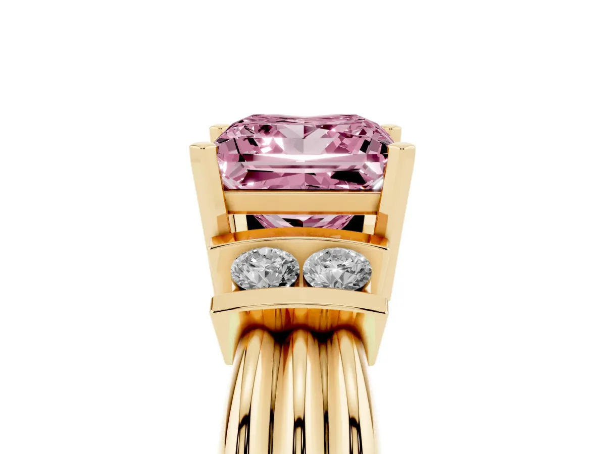 Fancy Pink Princess Cut Cut Three-Stone Channel Set Ring with Bar Prongs Yellow gold