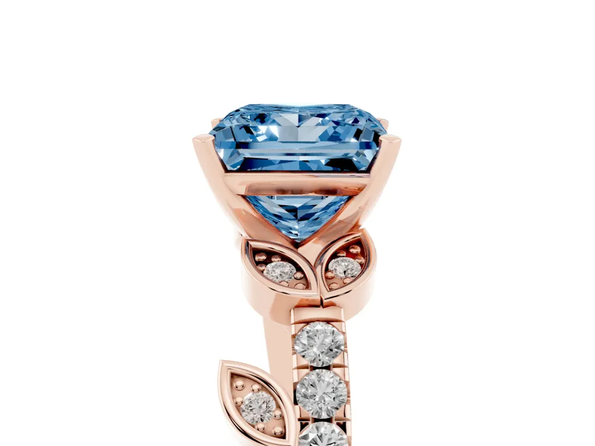 Fancy Blue Princess Cut Solitaire Leaf-Inspired Diamond Ring with Pavé Band and Four-Prong Setting Rose gold