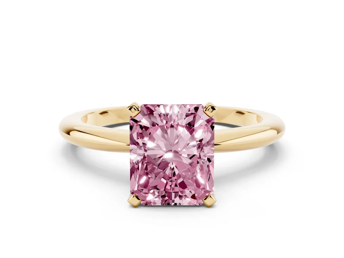 Fancy Pink Radiant Cut Diamond Solitaire Ring with Prong Setting and Classic Band Yellow gold