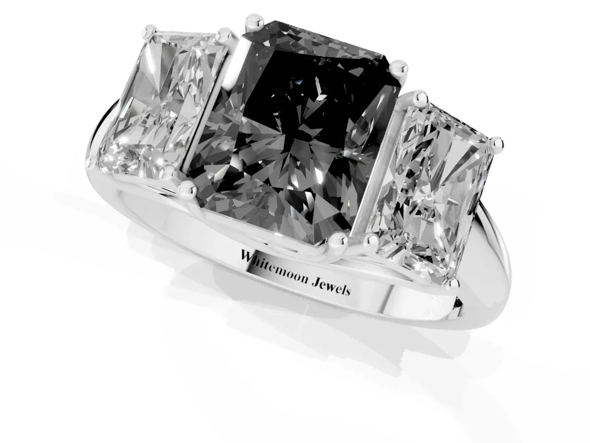 Fancy Black Three-Stone Radiant Cut Diamond Engagement Ring with Prong Setting Silver