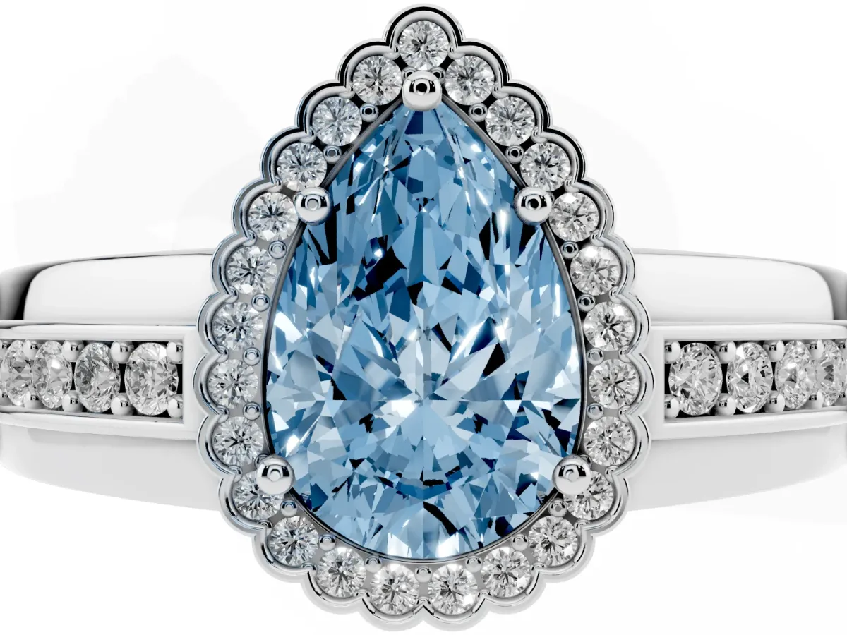 Fancy Blue Pear Cut Cut Halo Pave Band Four-Prong Ring Silver