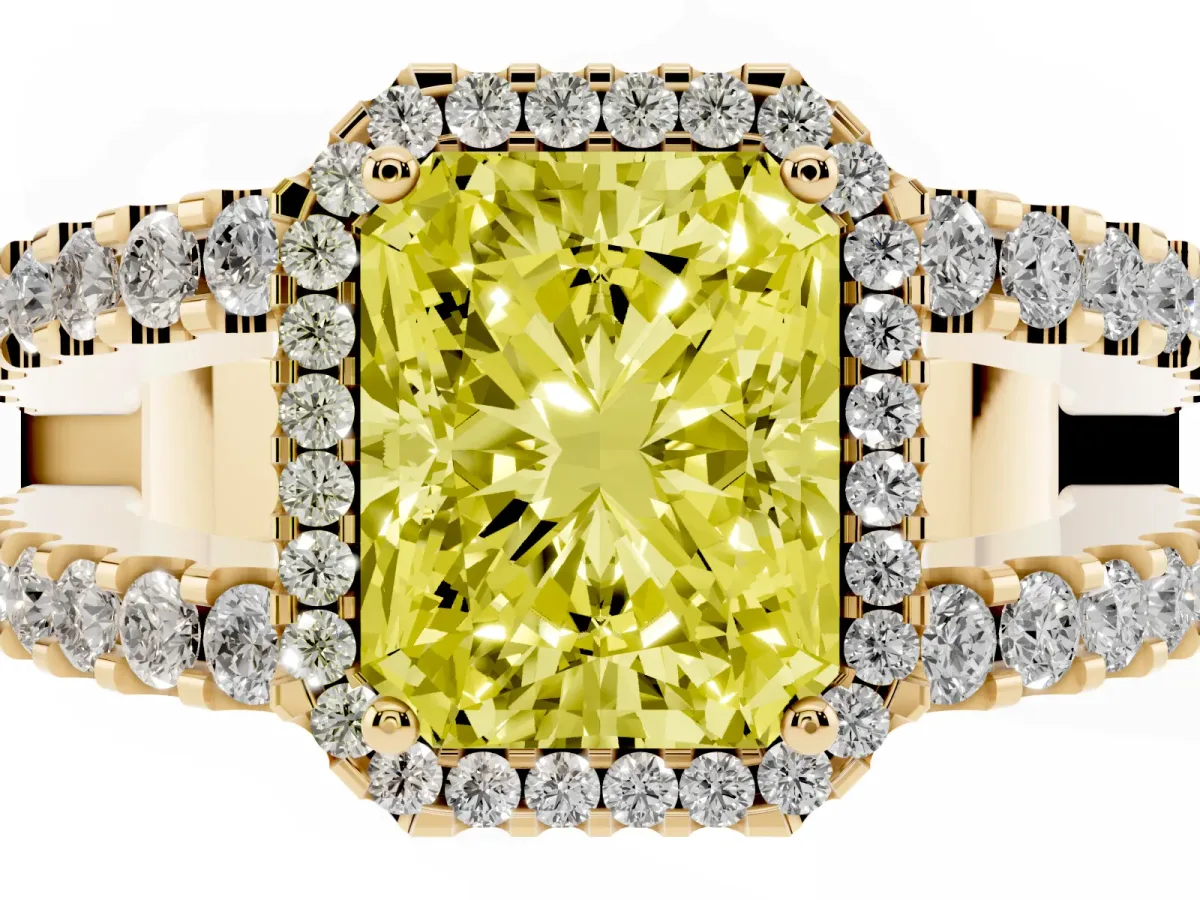 Fancy Yellow Radiant Cut Cut Halo Split Shank Diamond Ring with Four-Prong Setting Yellow gold