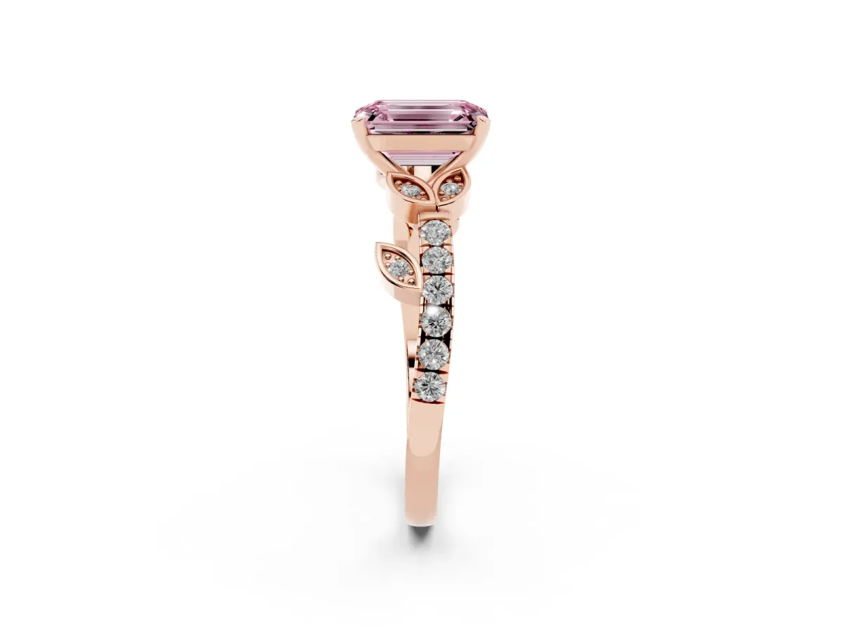 Fancy Pink Emerald Cut Solitaire Leaf-Inspired Diamond Ring with Pavé Band and Four-Prong Setting Rose gold