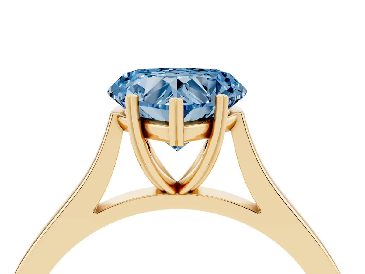 Fancy Blue Heart Cut Solitaire Heart Prong Engagement Ring with Tapered Band Yellow gold