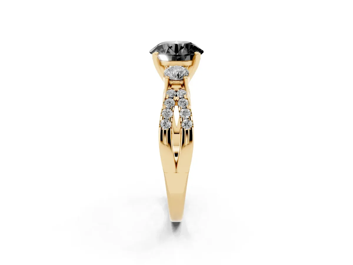 Fancy Black Round Cut Diamond Three-Stone Ring with Pavé Split Shank and Four-Prong Setting Yellow gold