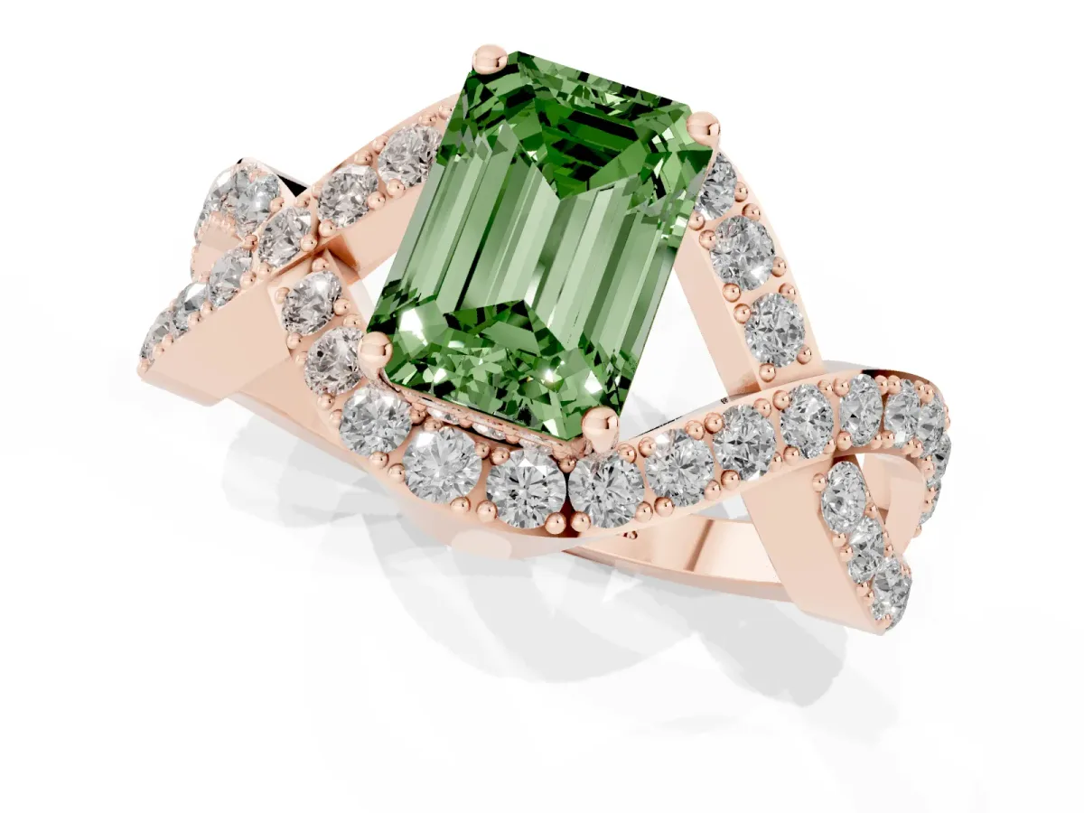 Fancy Green Emerald Cut Solitaire Twist Band Pavé Diamond Engagement Ring Rose gold