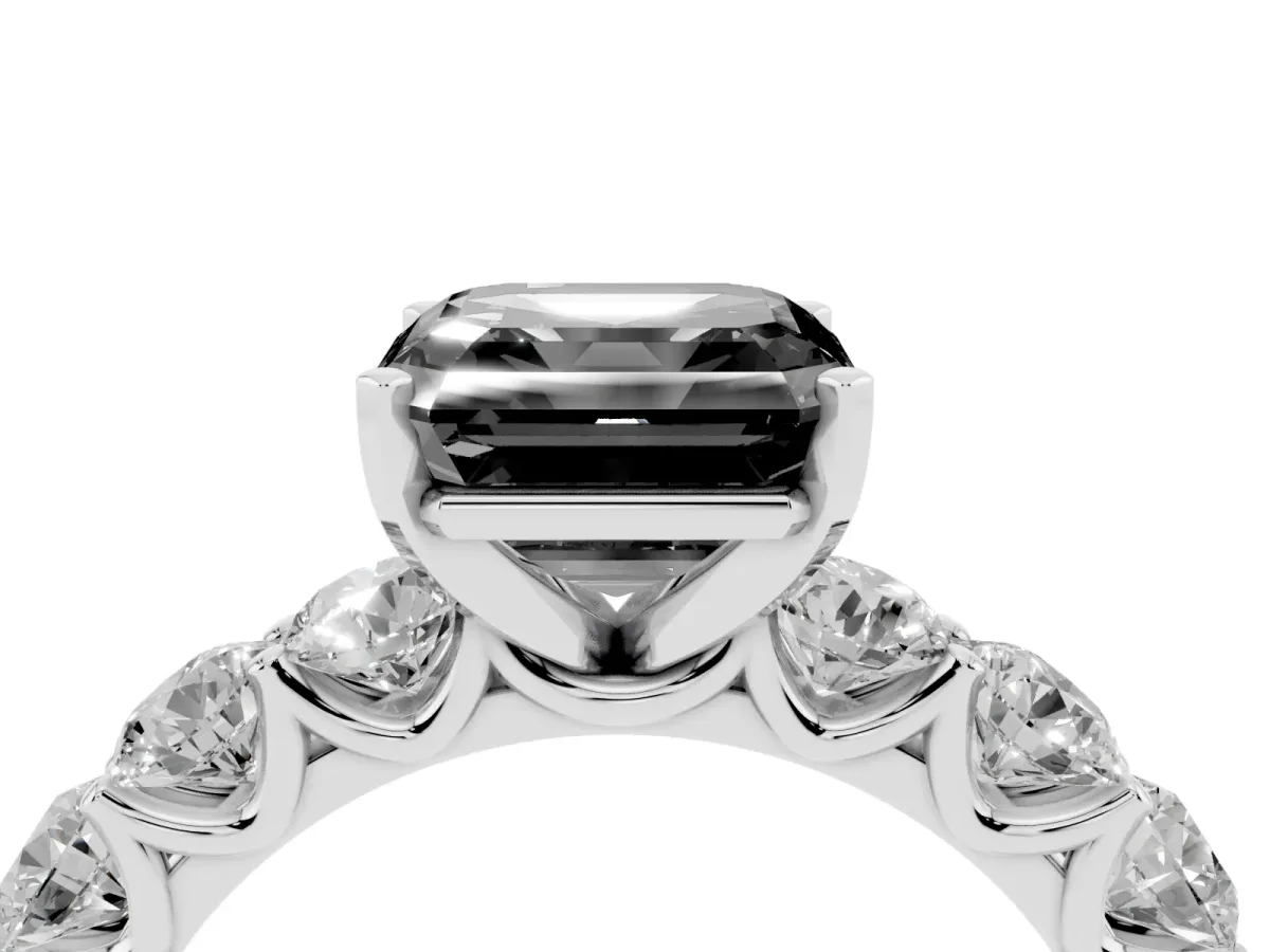 Fancy Black Asscher Cut Diamond Prong Setting with Side Stones on a Pave Band Silver