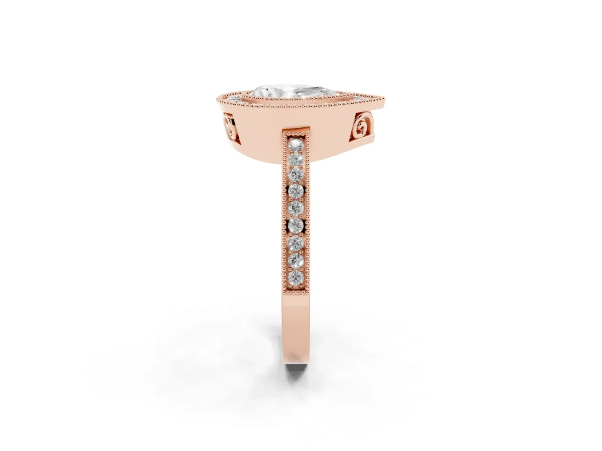 Pear Cut Cut Halo Diamond Ring with Pavé Band and Milgrain Prong Setting Rose gold