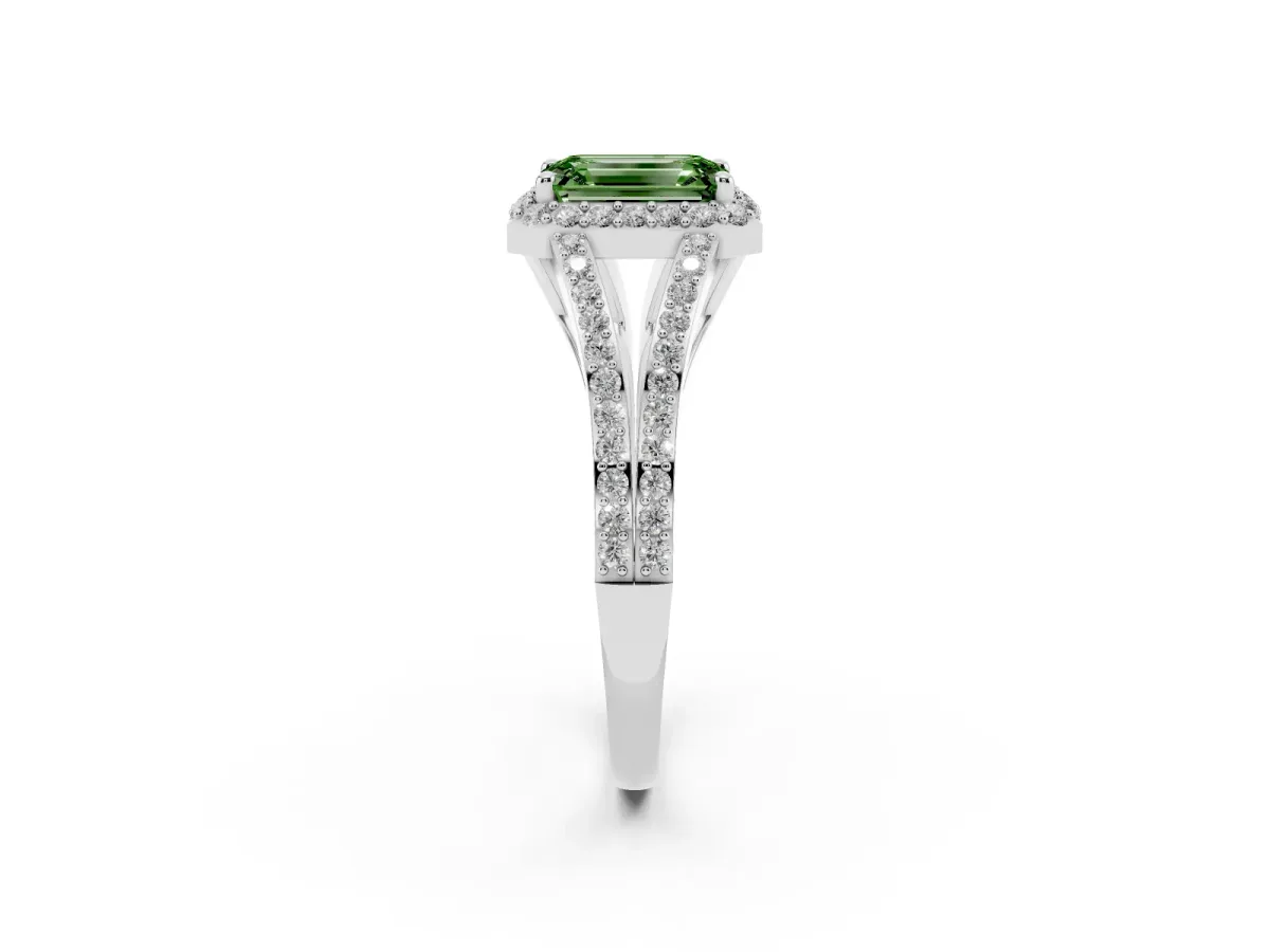 Fancy Green Emerald Cut Halo Split Shank Diamond Ring with Prong Setting Platinum