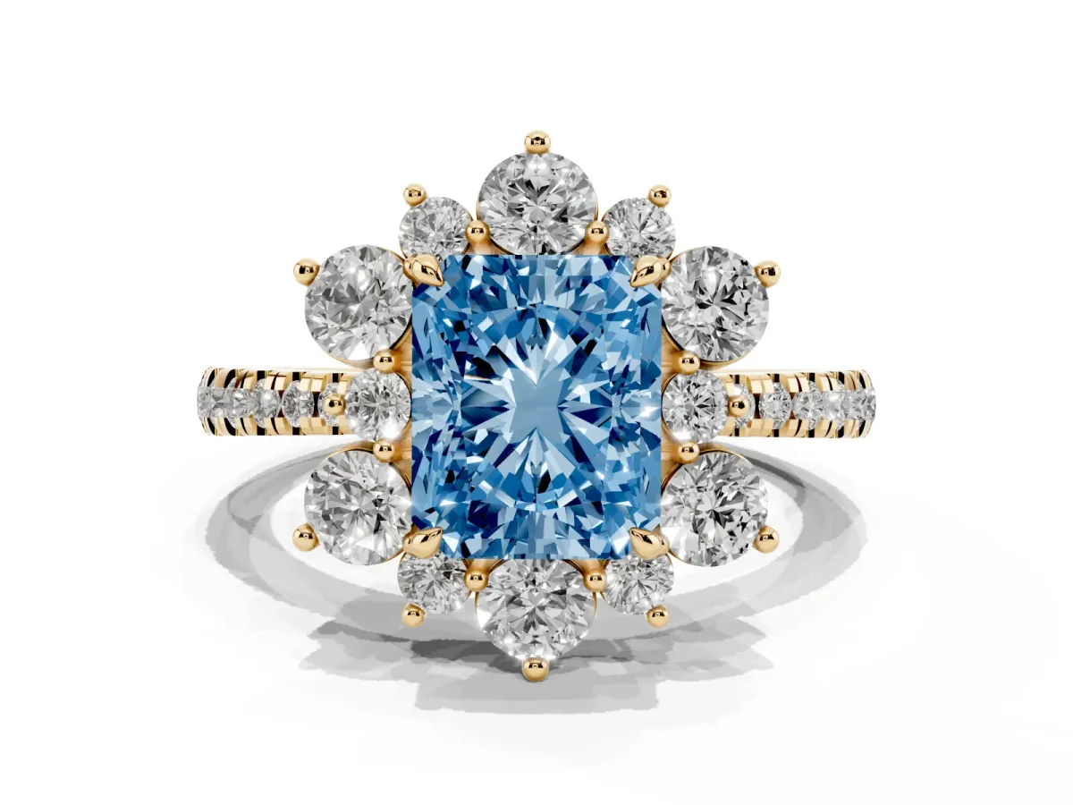 Fancy Blue Radiant Cut Diamond Floral Halo Ring with Round Pavé Band and Prong Setting Yellow gold