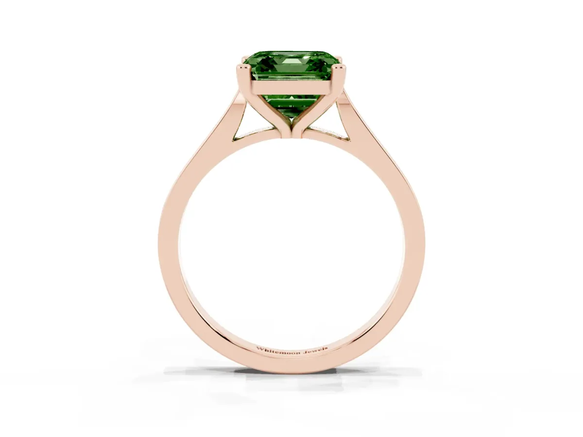 Fancy Green Asscher Cut Solitaire Diamond Ring with Four-Prong Setting and Tapered Band Rose gold