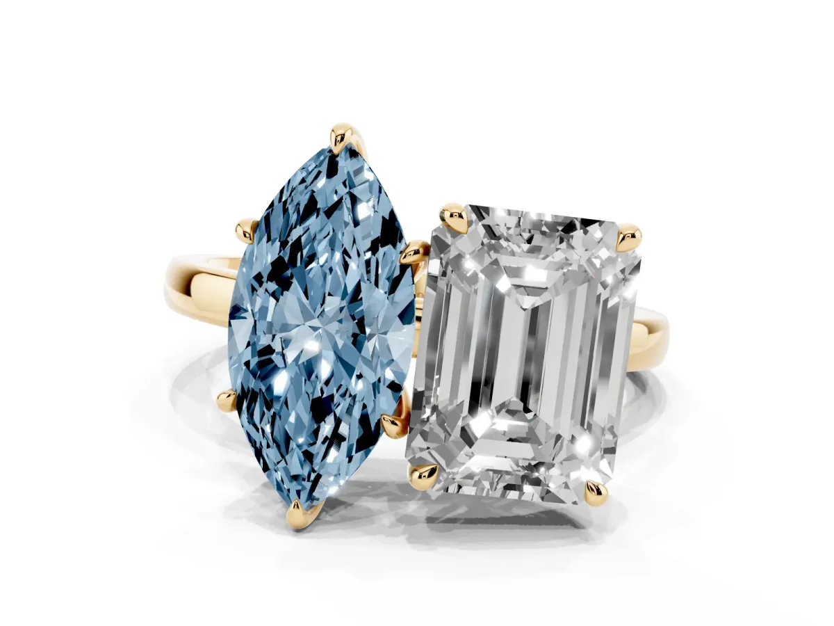 Fancy Blue Marquise Cut and Emerald Cut Toi Moi Ring with Prong Setting Yellow gold