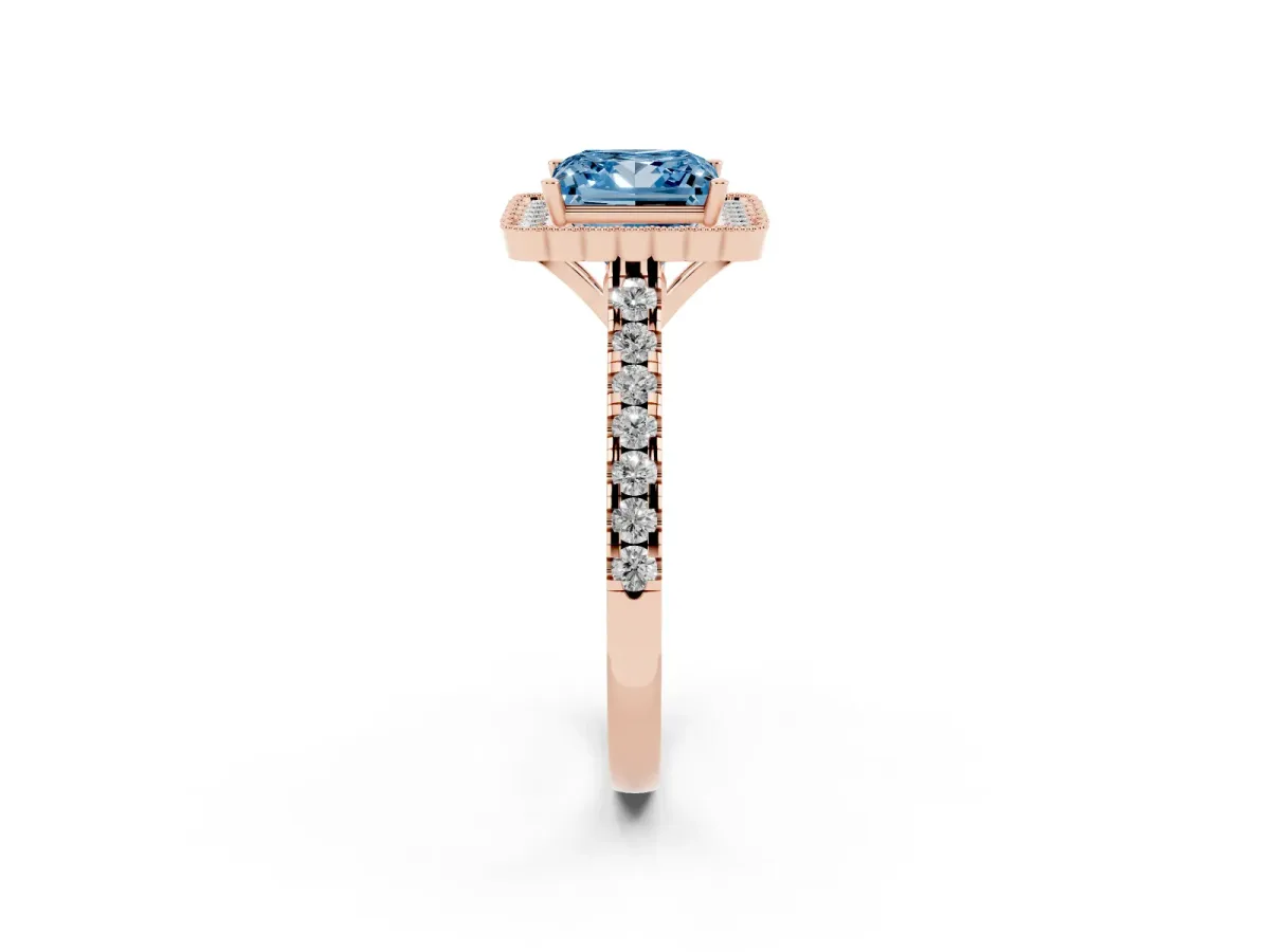 Fancy Blue Princess Cut Cut Diamond Milgrain Floral Halo Engagement Ring with Pavé Band Rose gold