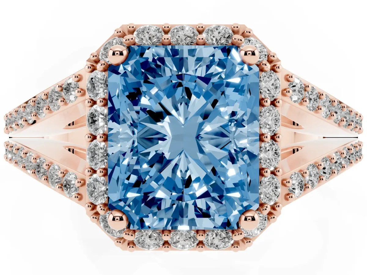 Fancy Blue Radiant Cut Halo Split Shank Diamond Ring with Prong Setting Rose gold