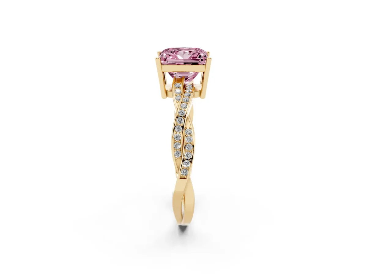 Fancy Pink Princess Cut Solitaire Twisted Pave Diamond Ring with Four-Prong Setting Yellow gold