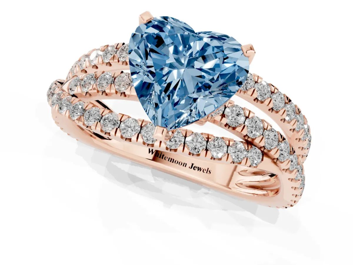 Fancy Blue Heart Cut Solitaire Twist Band with Pavé Setting and Four-Prong Setting Rose gold