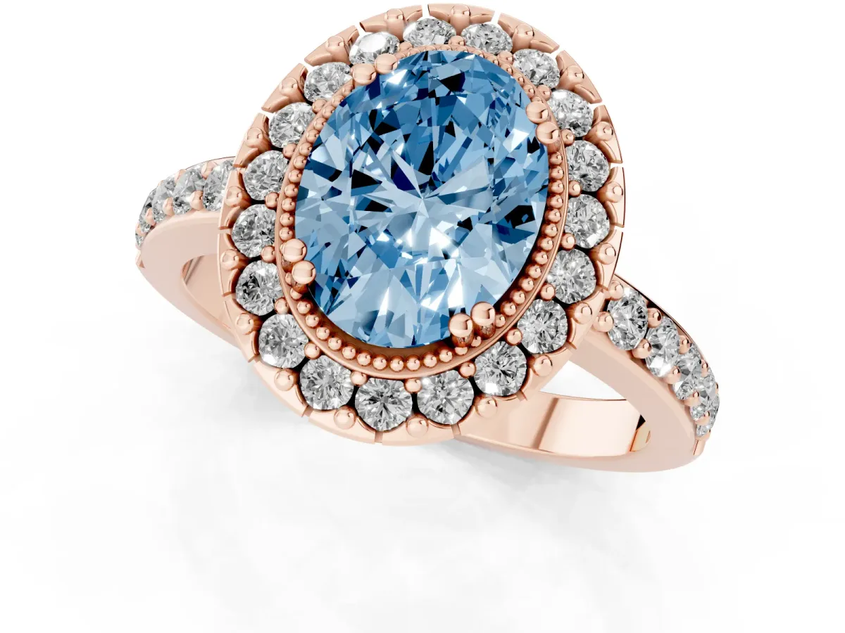 Fancy Blue Oval Cut Diamond Halo Ring with Pavé Band and Prong Setting Rose gold