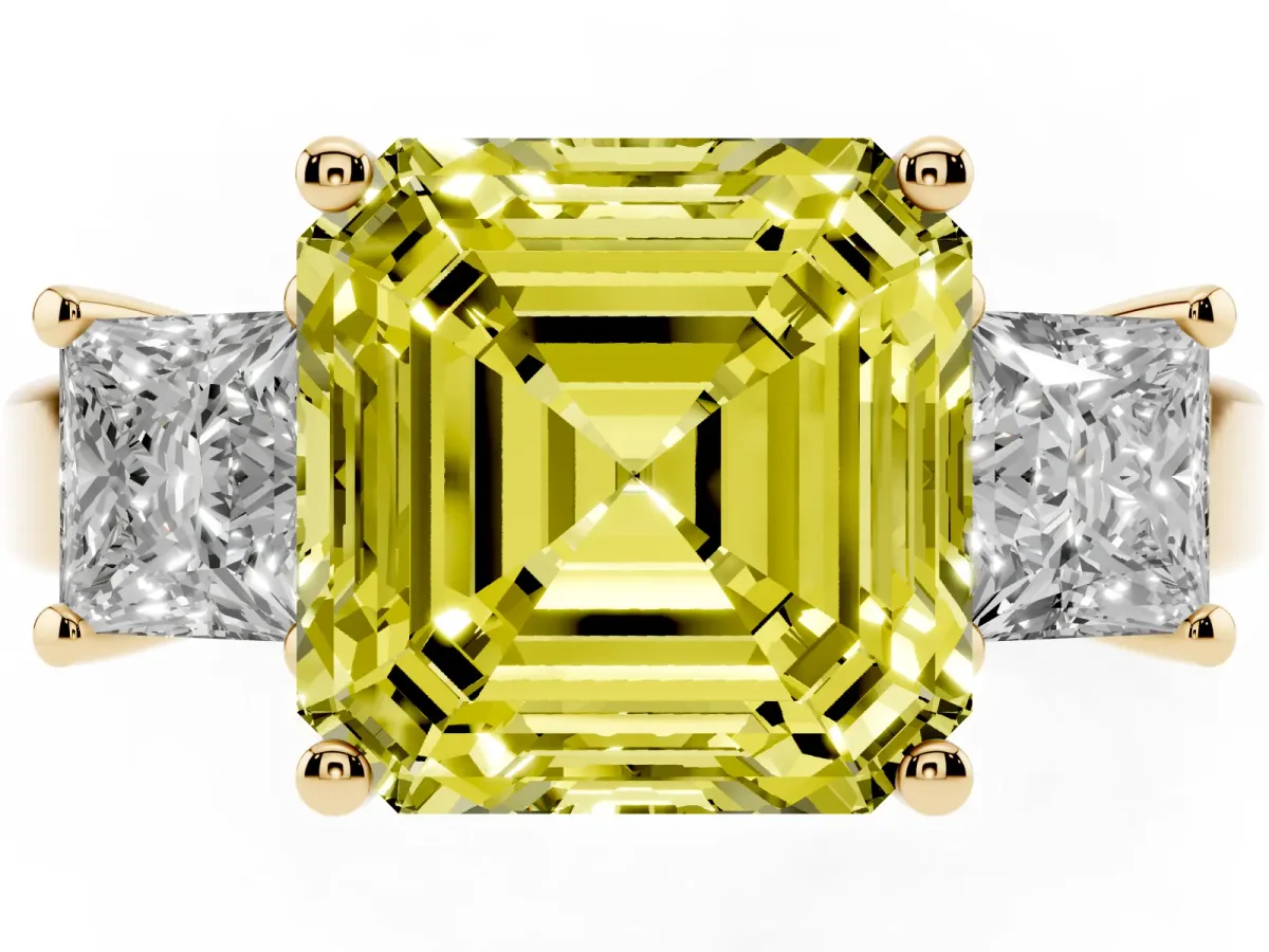 Fancy Yellow Three-Stone Asscher Cut Cut Solitaire Ring with Prong Setting Yellow gold